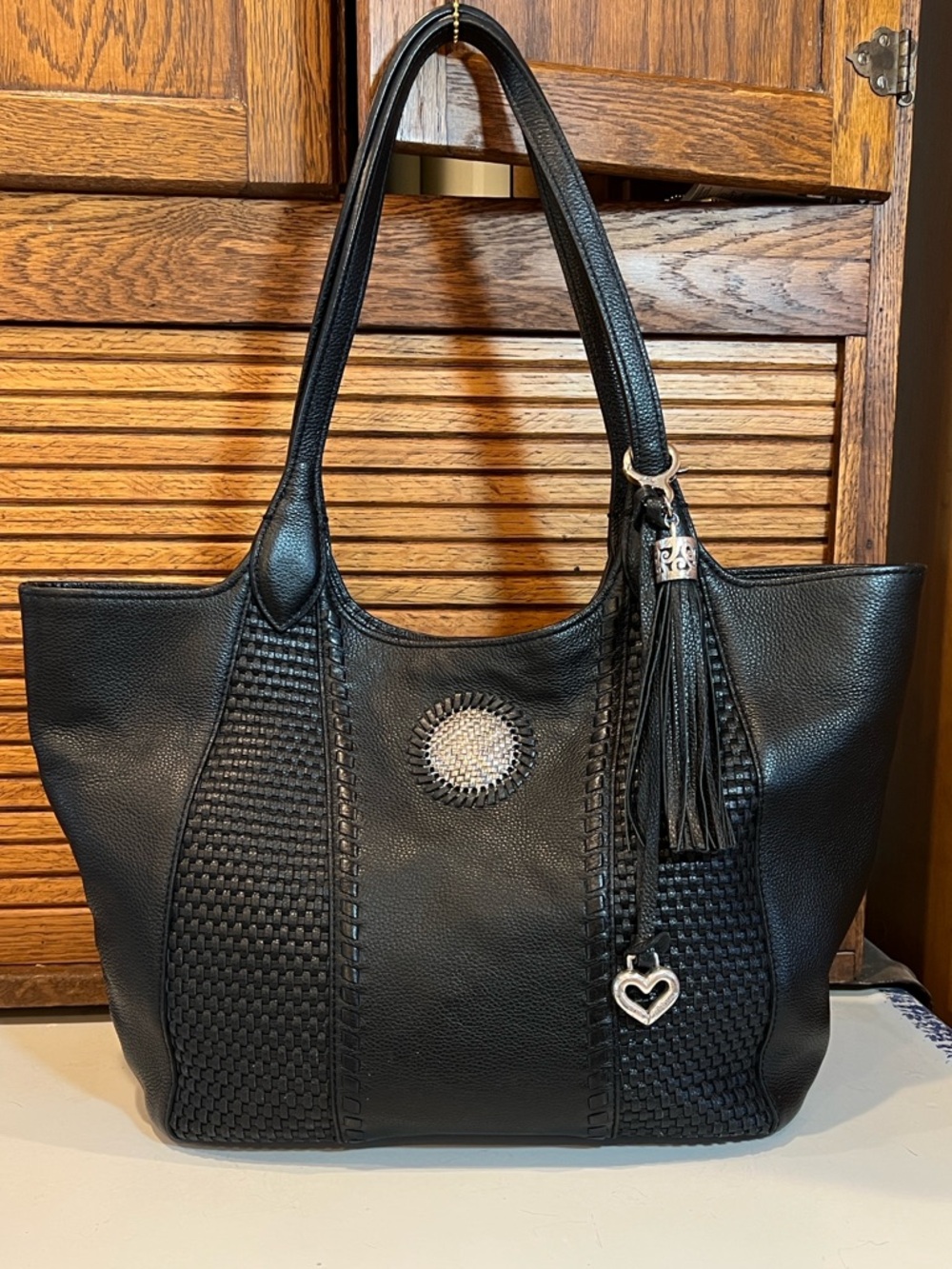Brighton black pebble leather with woven leather inserts tote, shoulder bag
